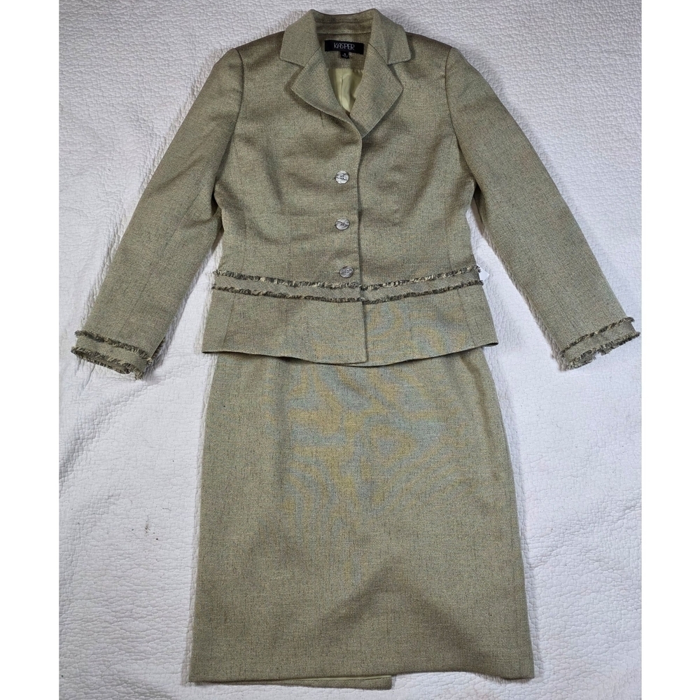 NWT Kasper Green Fringe Matching Suit Blazer Skirt Set